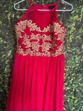Red Formal Gown with Gold Embroidery
